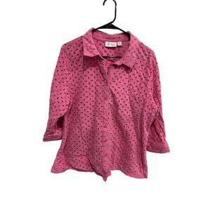 Denim & Co. Eyelet Button Front Shirt Pink Sz XL 3/4 Sleeve Embroidered Business